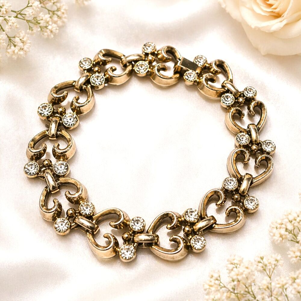 Vintage Mid Century Gold Tone Rhinestone Specialty Link Bracelet